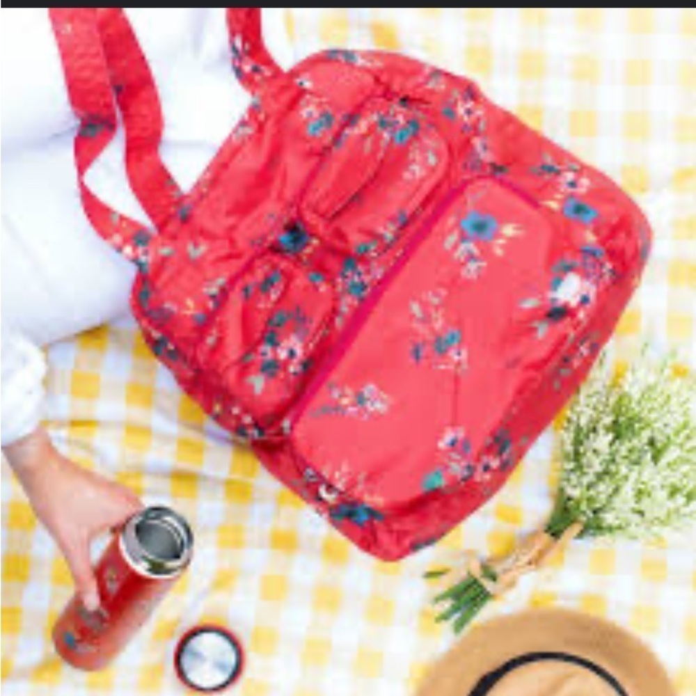 Lug Puddle Jumper Red Floral Tote Packable Trolly Sleeve EUC